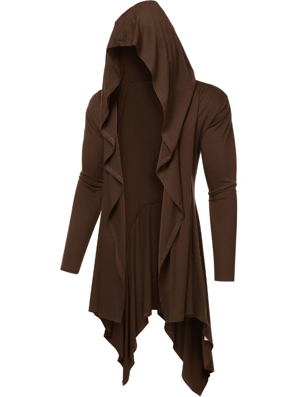 Long Hooded Cardigan Ruffle Shawl Collar Open Front Lightweight Drape Cape Overc